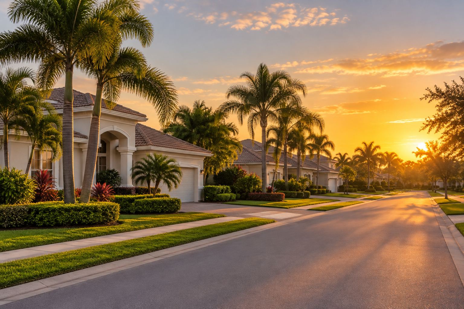 A South Miami-Dade County, Florida neighborhood street at golden hour, illustrative