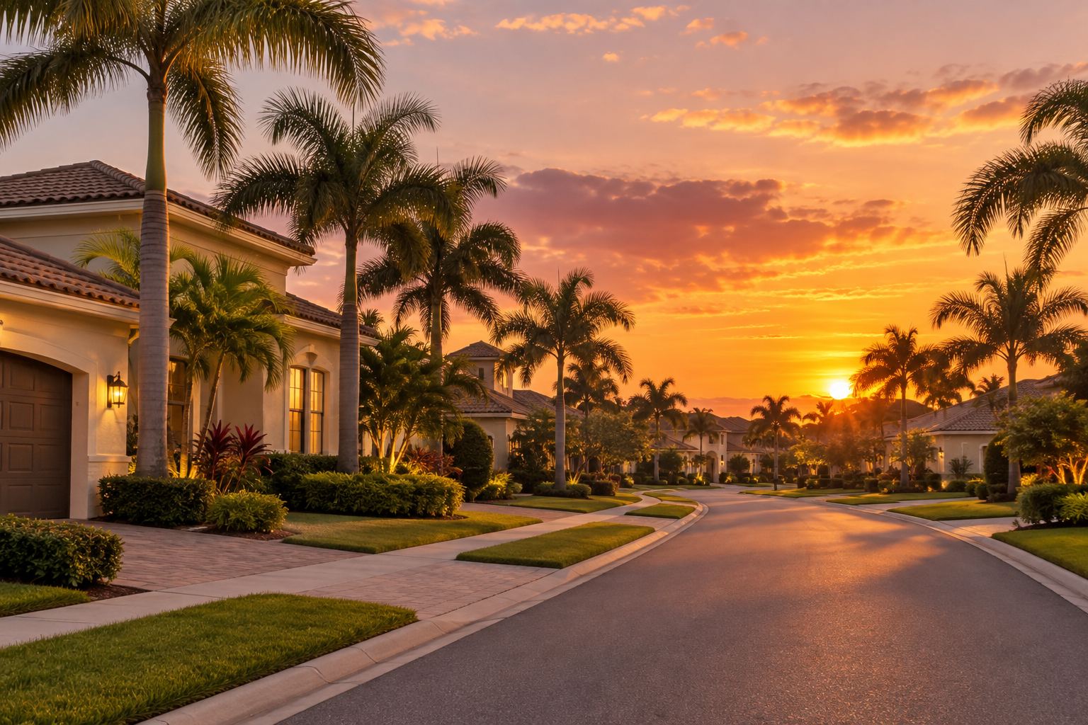 A South Florida street at sunset, illustrative