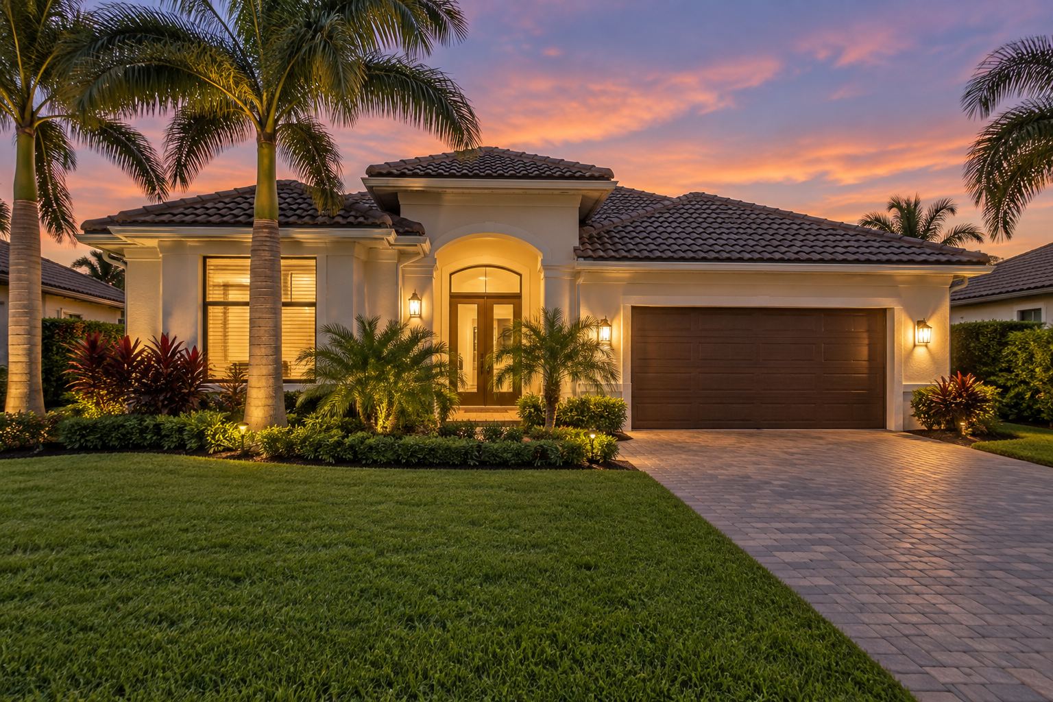 A South Florida home exterior at dusk, illustrative