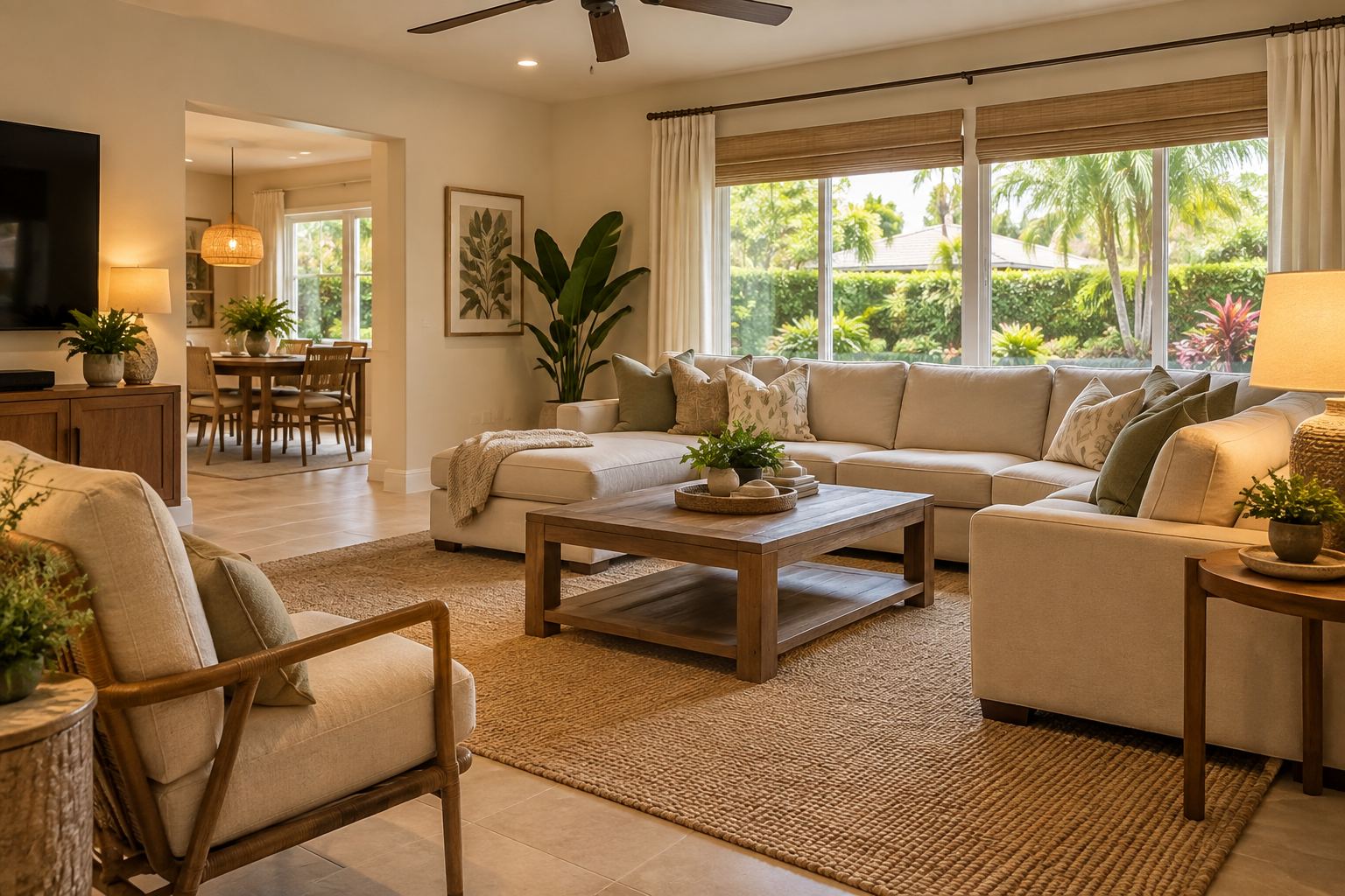 A cozy South Florida living room, illustrative